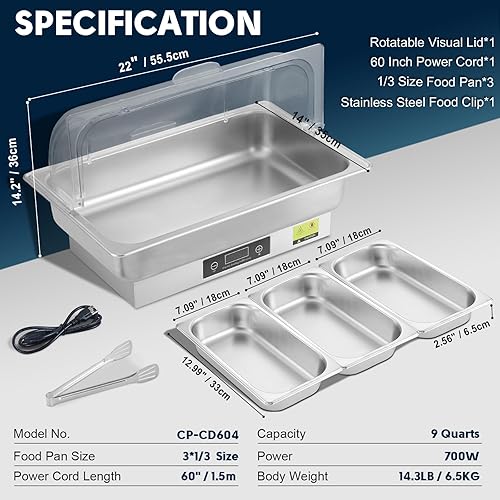 Miniatura 5 de THXSUN Plato eléctrico para rozar, calentador de alimentos de 700 W, 3 platos de 3 cuartos de galón 13 con temperatura ajustable de 32.0 F a 212.0