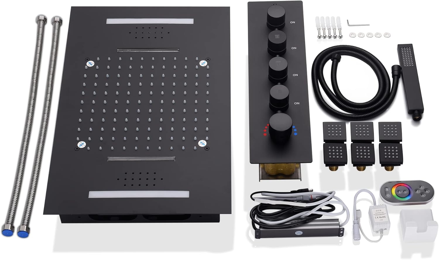 Cascada Luxury 15” x 23” LED Music shower system with built-in Bluetooth Speakers, 4 function (Rainfall, Waterfall, Body jet & Handshower) & Remote Control 64 Color Lights (Polished Gold)