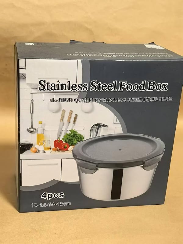 GRFELI Rozsdamentes Acél Ételtároló Dobozok Légmentes Fedéllel, Bento Uzsonnás Doboz Szett 4db (300ml+550ml+950ml+2000ml)