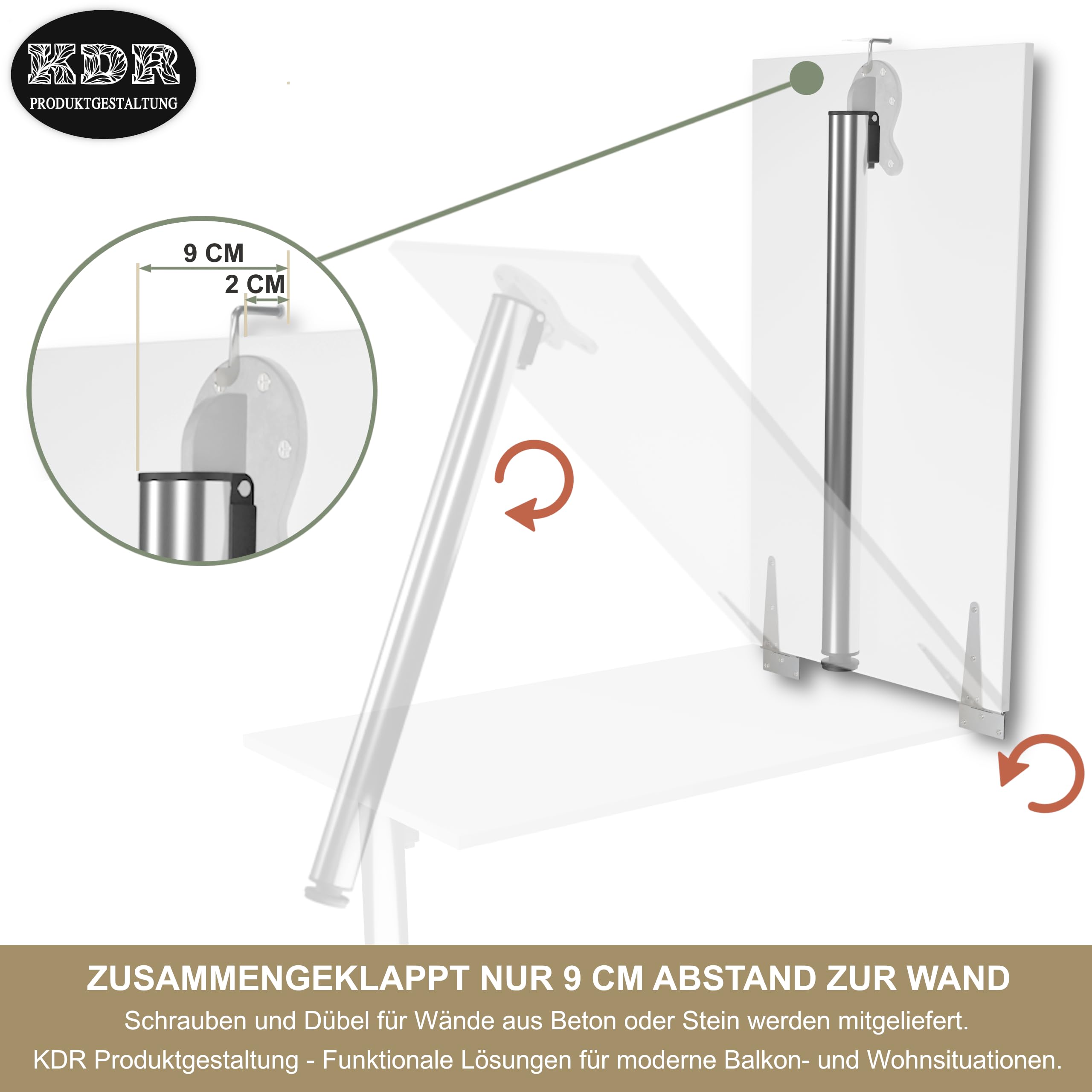 KDR Wandklapptisch 80x50 cm Weiß – Klapptisch mit Tischbein in Chrom zur Wandmontage – als Esstisch, Schreibtisch oder Küchentisch – Höhe 74 cm