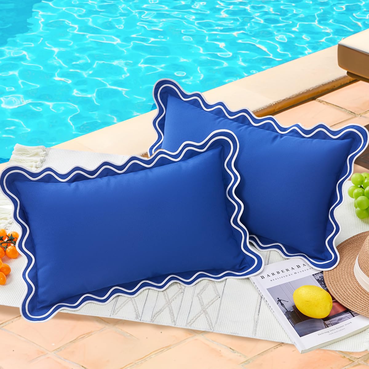 View 1 of 12x20 Navy Blue Scalloped Outdoor Lumbar Pillow Covers Waterproof & Sunproof Set of 2, Embroidered Navy Decorative Outdoor Pillows for Porch & Patio Furniture, Nautical Decor Aesthetic Lumbar Pillows
