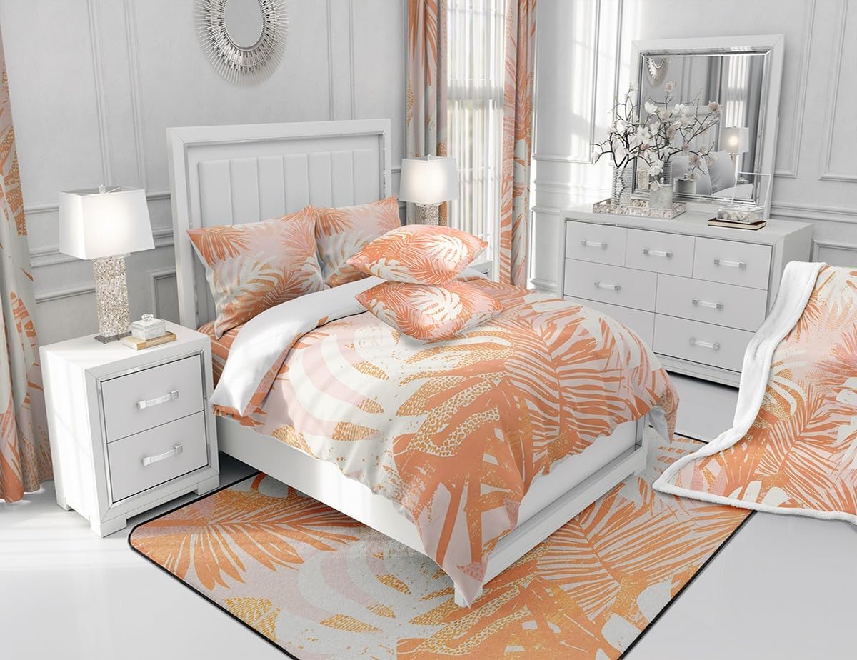 Manfei Palm Leaf Fitted Sheet Twin Size Watercolor Leaves Print Bed Cover Tropical Bedding Set 2pcs for Kids Boys Girls Room Decor, Champagne and White Bed Sheet Set with 1 Pillowcase