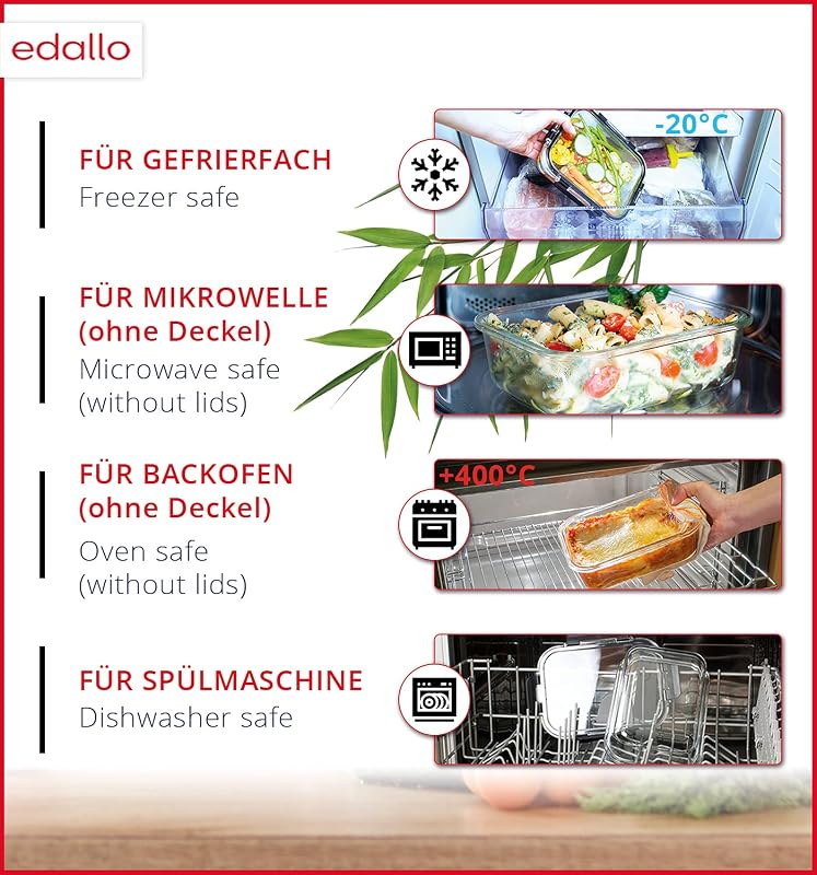 edallo 3 db Nagy Üveg Ételtároló Doboz Légmentes Fedéllel - Szivárgásmentes, Mosogatógép, Sütő, Fagyasztó és Mikrohullámú Sütő Biztos - 3x10