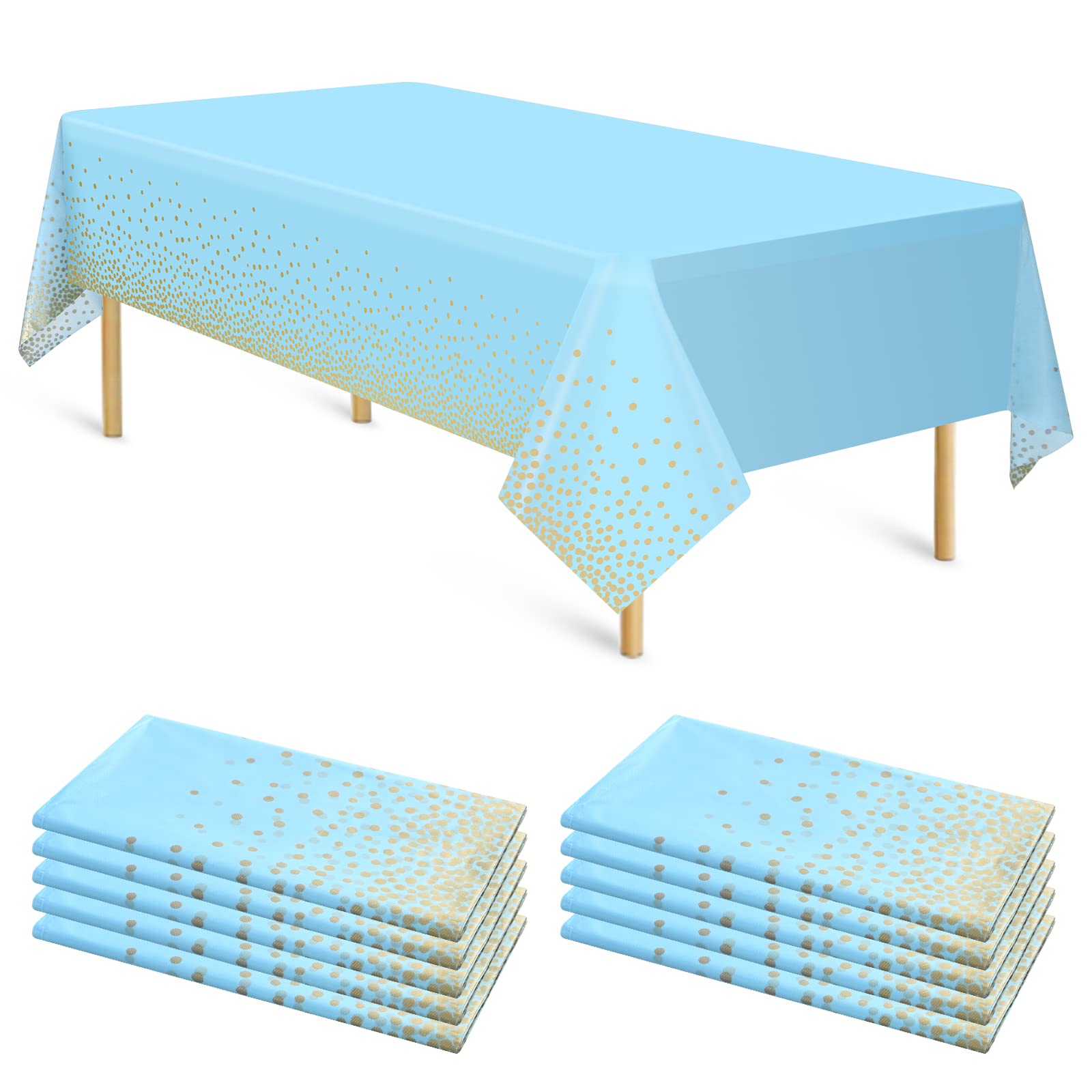 10 Pack 54" x 108" Plastic Tablecloths Light Blue Rectangular Tablecloths Gold Dot Disposable Tablecloths for Rectangle Tables Dining Table Covers Cloth for Parties, Picnic, Wedding, Anniversary