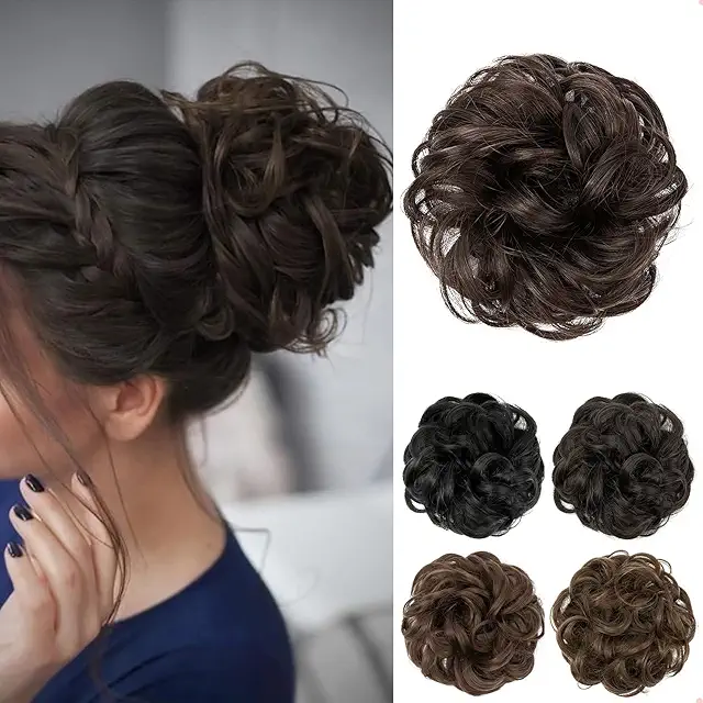 Chignon Postiche Bouclé Ondulé Élastique pour Femmes - Marron Foncé