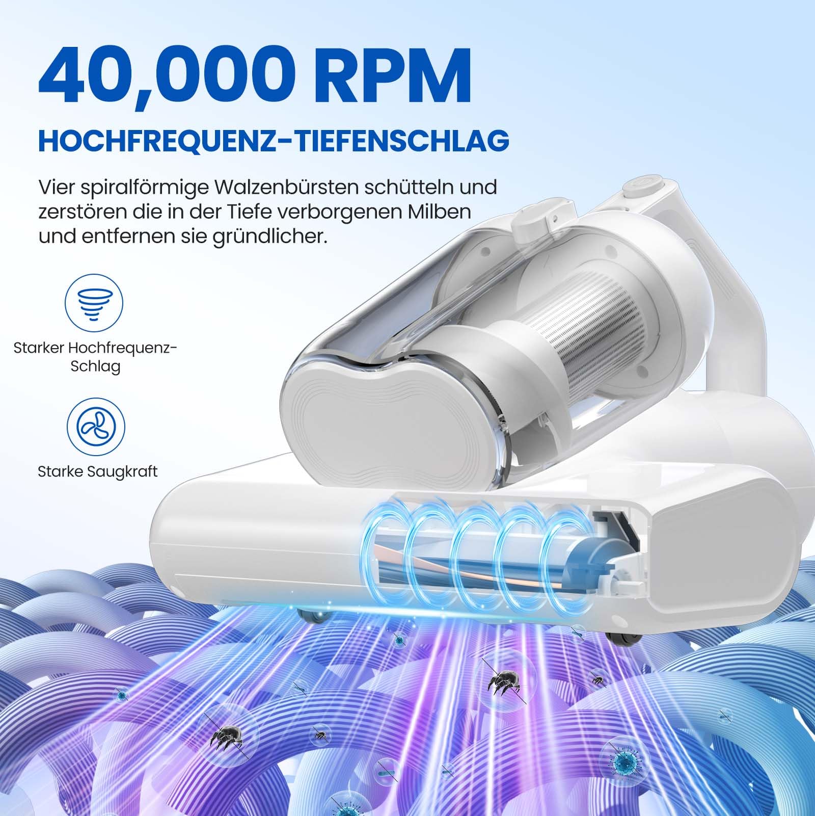Milbensauger Matratzenreiniger 16Kpa UV-Licht HEPA-Filter Heißluftfunktion Staubmilben-Sensor Ultraschall 600W Handstaubsauger Weiß