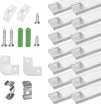 LED Aluminum Profile U-Shape 14x1m, Led Channel with Cover, Led Aluminum Channel and Diffuser for Led Strip Lights with Milky White Cover, End Caps and Metal Mounting Clips 14 1M-U, Silver