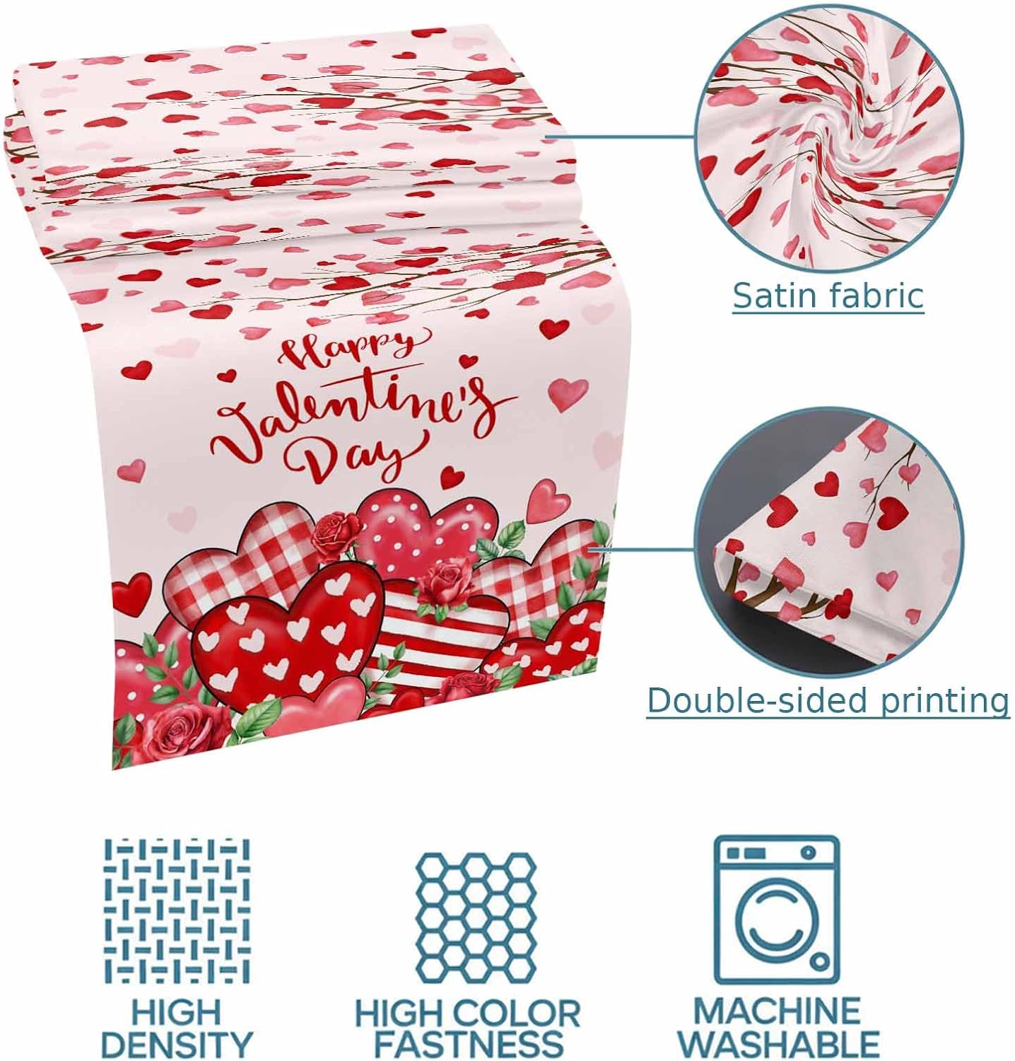 Valentine's Red Love Bed Runner Scarf Bedding Accessory For Cal King Size Bed,Soft Bed Scarves And Runners Stainproof Dustproof Bedroom Protector For Hotel,Plaid Dots Heart Rose Leaves 102"x20"