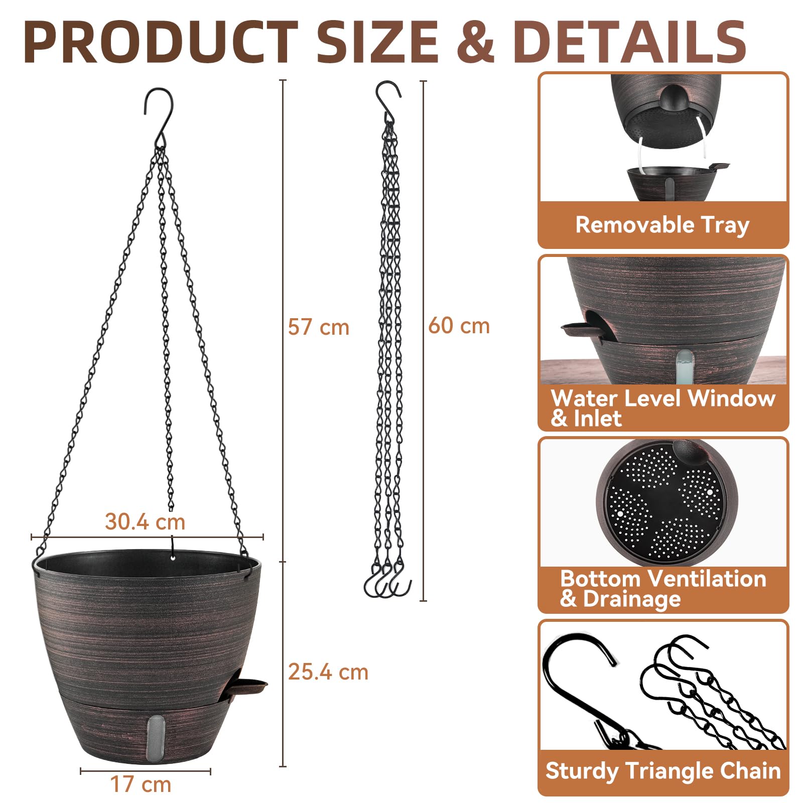 ZMTECH Lot de 2 pots de fleurs à suspendre en plastique avec entrée d'eau auto-irrigation et soucoupe pour intérieur et extérieur Bronze 30 cm