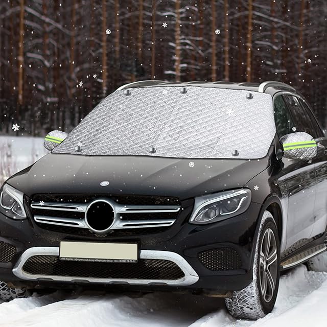 Front Window Snow Cover- FREESOO Car Windscreen Ice Cover- Car Windshield Frost Cover- Car Windscreen Cover Winter- Magnet Car Windscreen Frost Cover with Reflective Strip Front Window Cover 144X97CM
