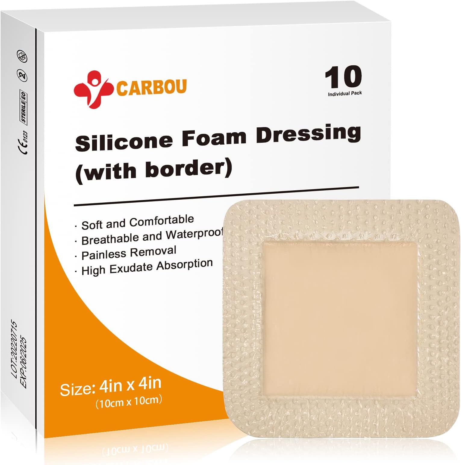 Carbou 10Pcs Silicone Foam Dressing 4"x 4"(10 cm x 10 cm) - with Border Adhesive Waterproof Central Ultra Absorbent-Foam (2.5" X 2.5") Square Dressing Waterproof Silicone Wound Bandage