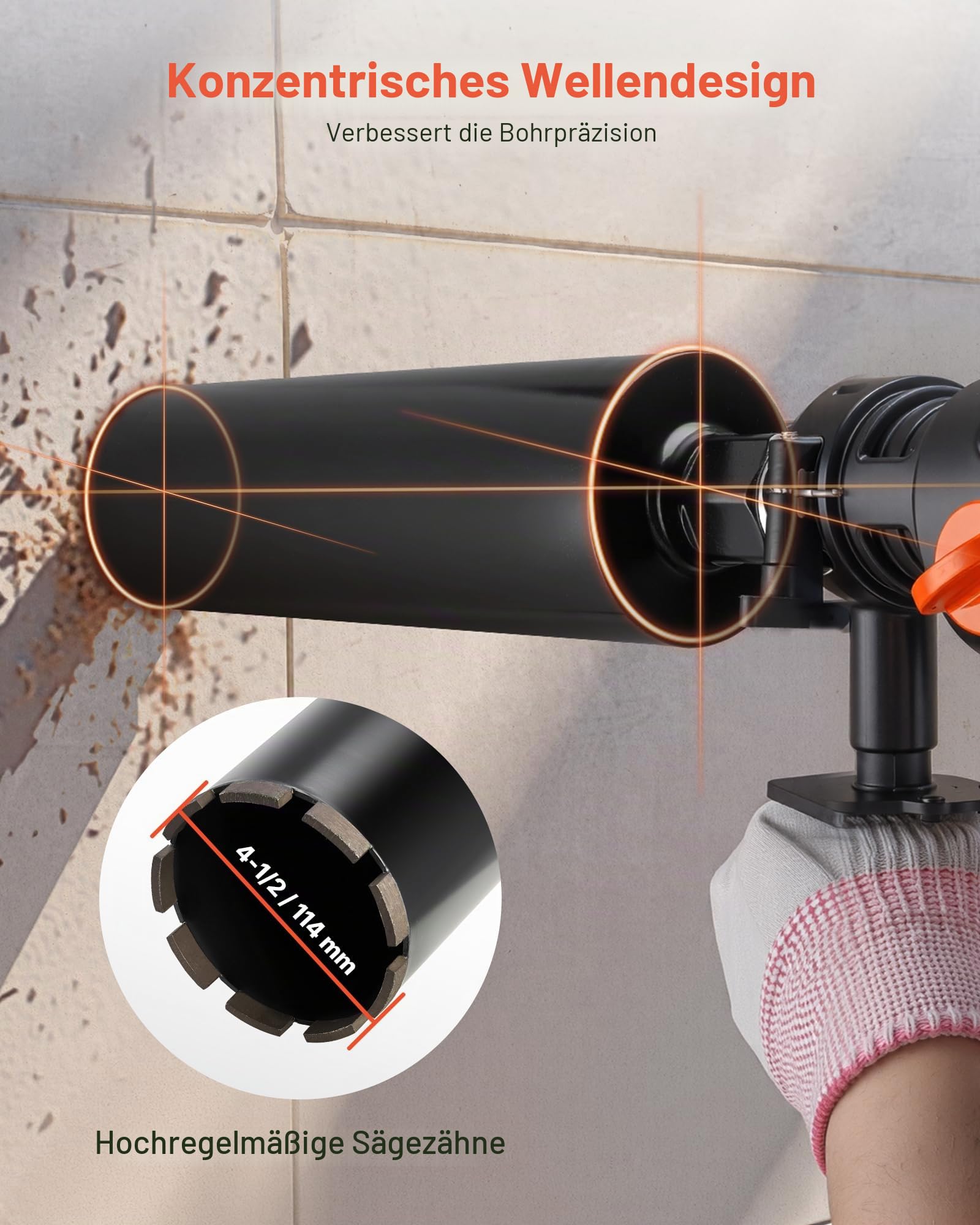 VEVOR Kernbohrer Bohrkrone φ 114 mm 356 mm Bohrtiefe, 1-1/4 Zoll-7 Innengewinde, Hochpräzisions-Schweißtechnologie, Nass-Diamantkernbohrer Kernlochbohrer für Stahlbeton Ziegel Mauerwerk