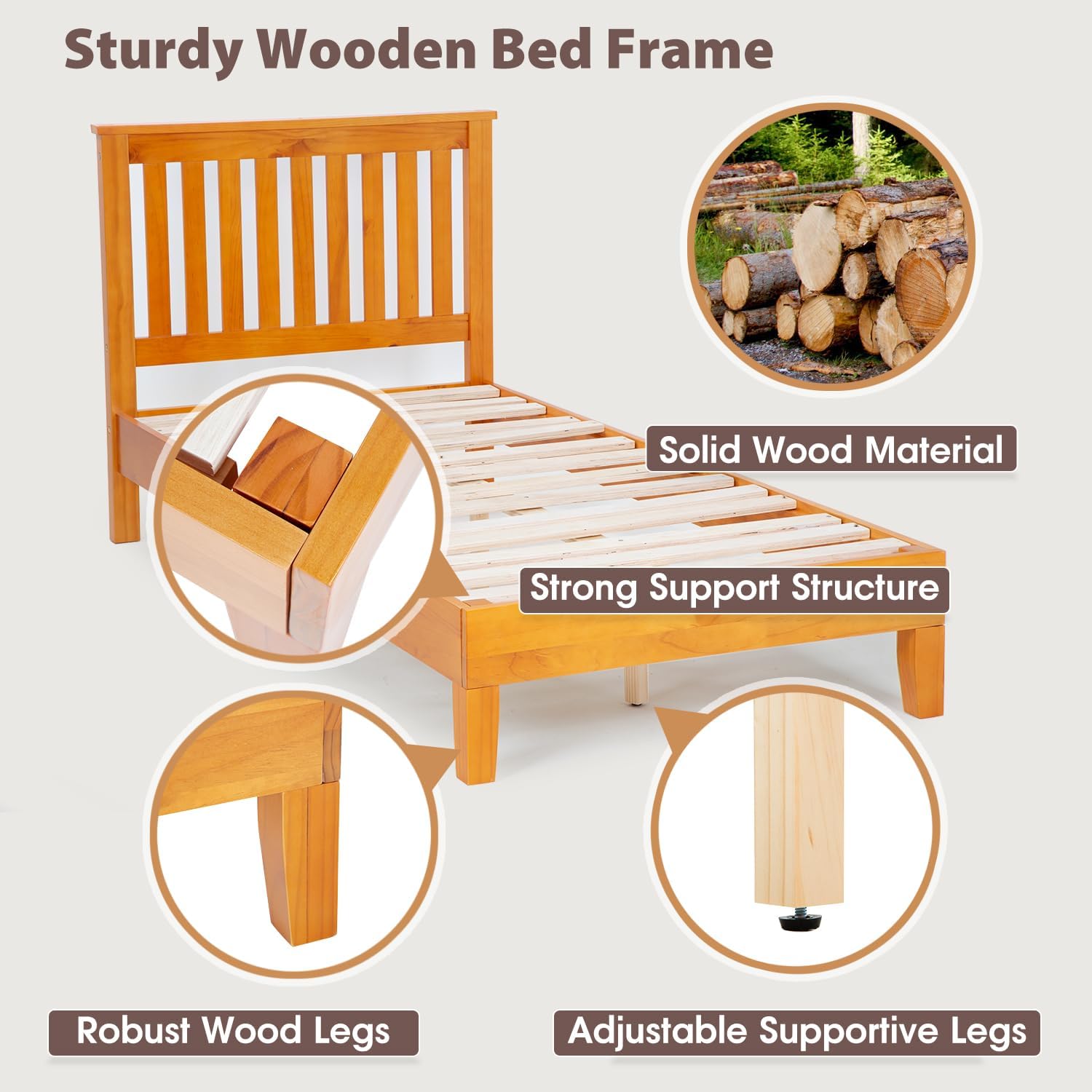 PayLessHere Wood Platform Bed Frame Twin Size Solid Wood Bed Frame with Headboard Wood Slats Support No Box Spring Needed Easy Assembly,Brown - Image 3