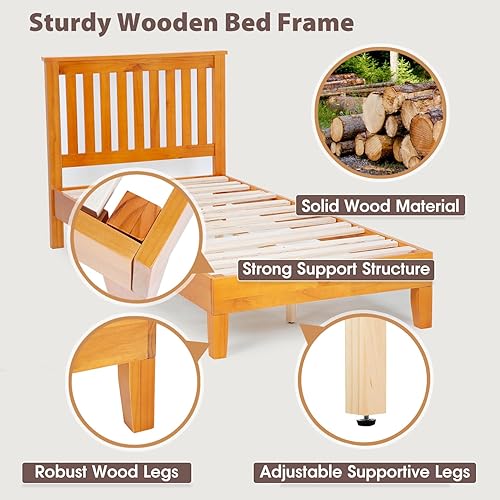 Miniatura 3 de PayLessHere Marco de cama de plataforma de madera, sin cabecero, no necesita somier, soporte de listones de madera, sin ruido, fácil de montar,