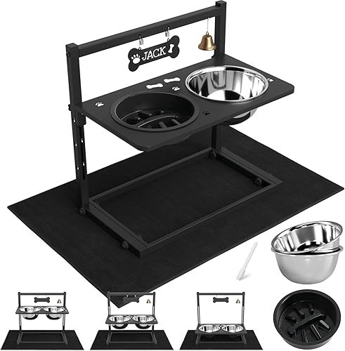 Miniatura 1 de Elevated Dog Bowls with Slow Feeder, Raised Dog Bowl for Large Dogs Adjusable Height with 2 Stainless Steel Dog Food Bowls Spill Proof Mat, Dog