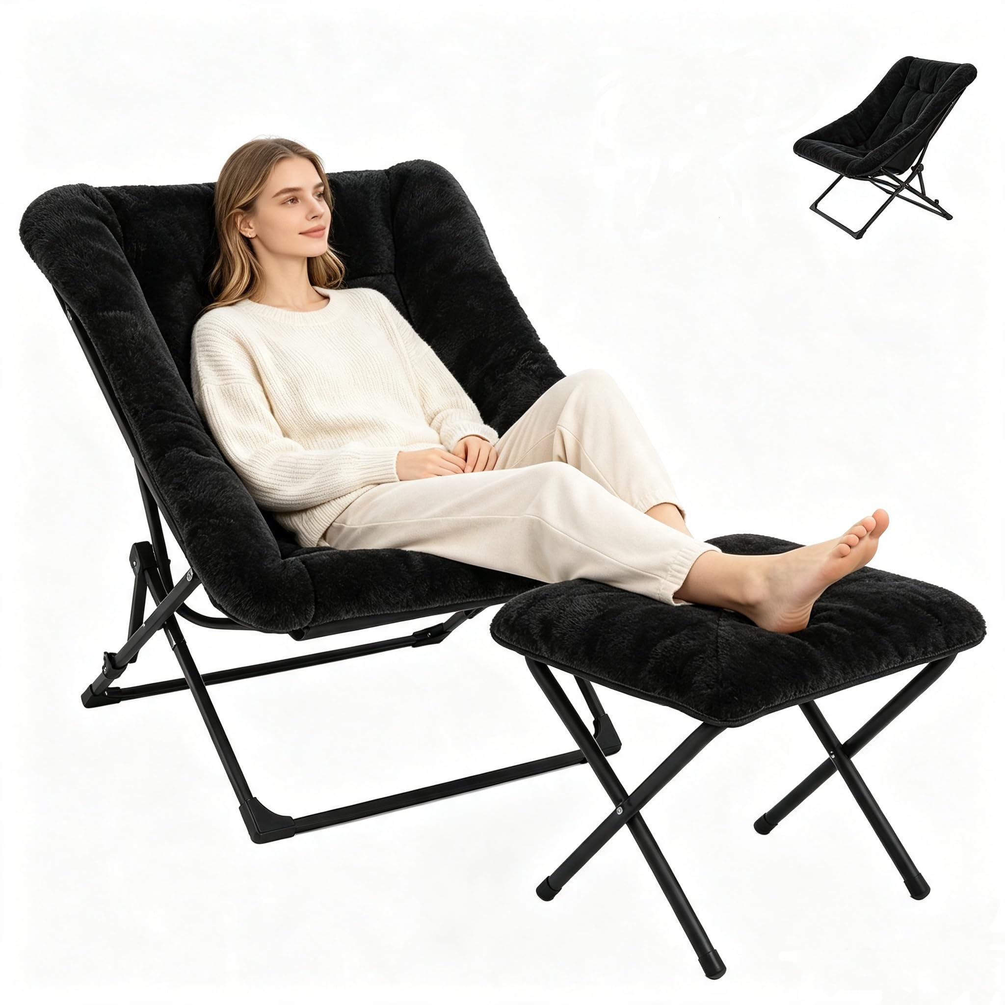 Sillón Plegable de Piel Sintética con Reposapiés, Bastidor Metálico Triangular Resistente hasta 150kg, Sillón Grande Relax Adultos Lectura Gaming (Negro)