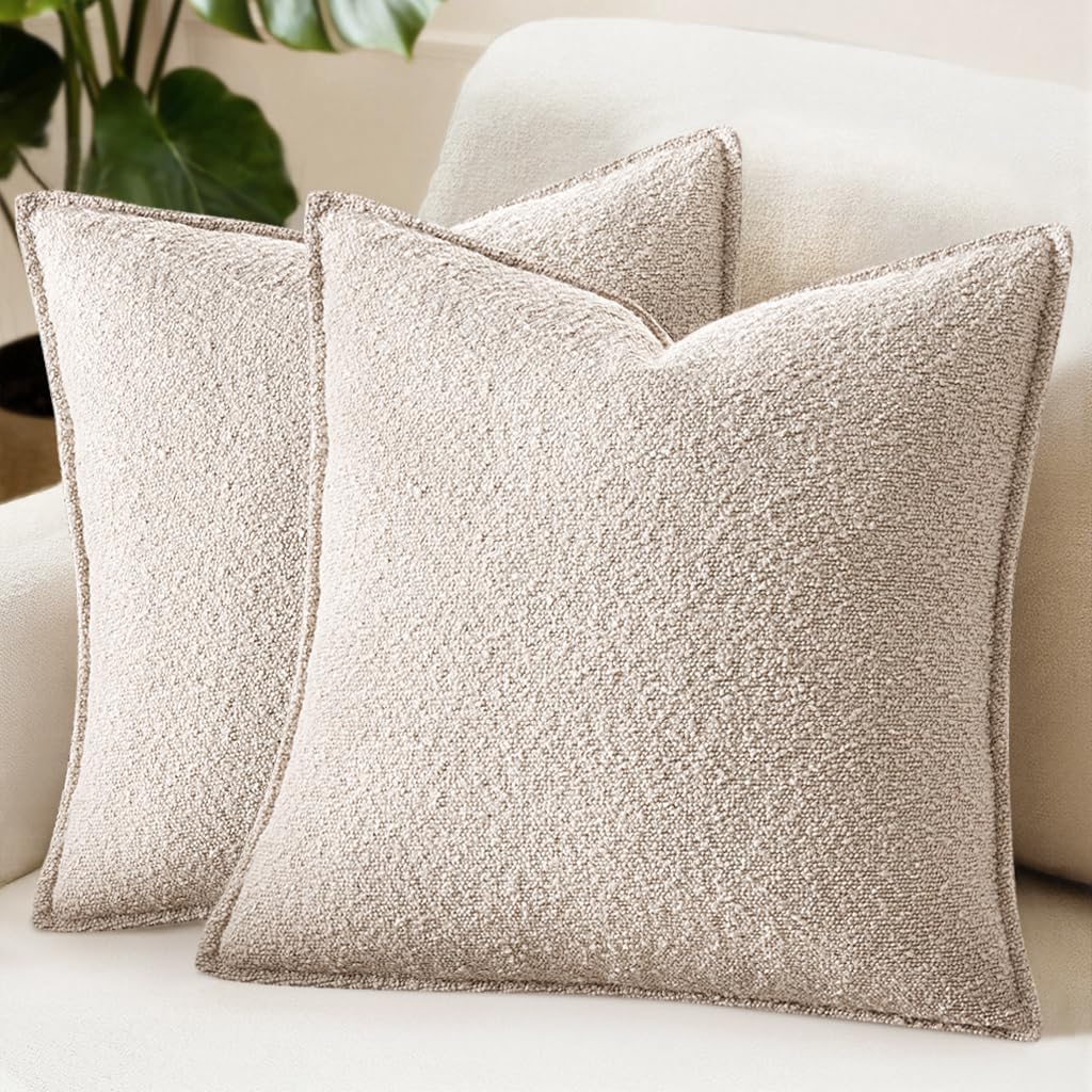 MIULEE Pack of 2 Decorative Textured Boucle Throw Pillow Covers 20x20 Inch Natural Beige Broadside Thick Boho Pillows for Farmhouse Accents Sofa Couch Bedroom Living Room Home Decor