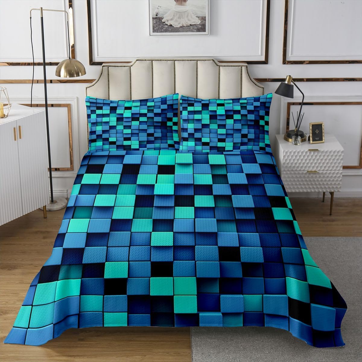 3D Geometric Block Quilt Sets Twin Size,Blue Pixelated Games Bedspread Coverlet 2Pcs for Kids Girls Boys Room Decor,Miners Video Games Quilts Set Modern Gamepad Bedding Comforter,1 Pillowcase
