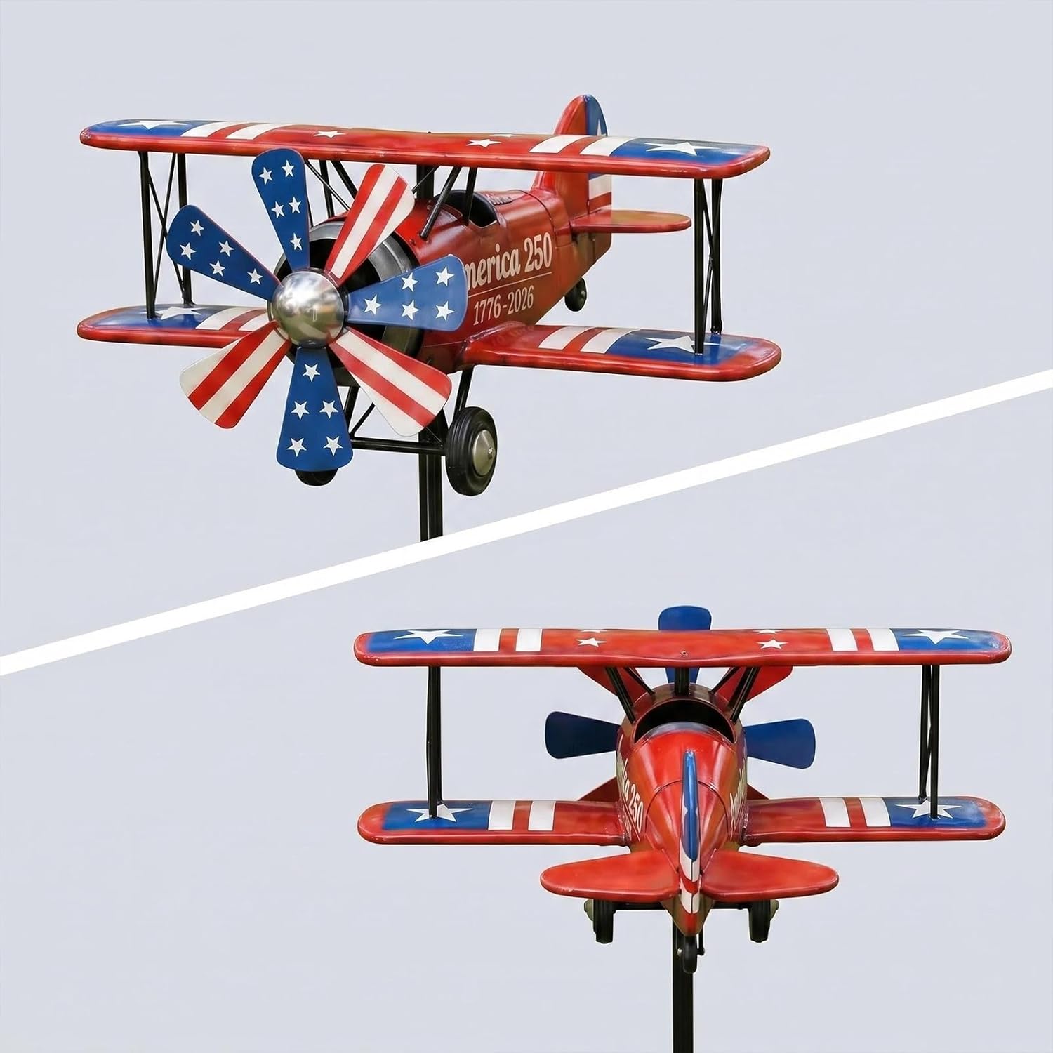Retro Biplane Kinetic Wind Spinner, 250th Anniversary Commemorative Garden Wind Spinner, Vintage Airplane Metal Yard Spinners, Outdoor Lawn Decor (2PCS)