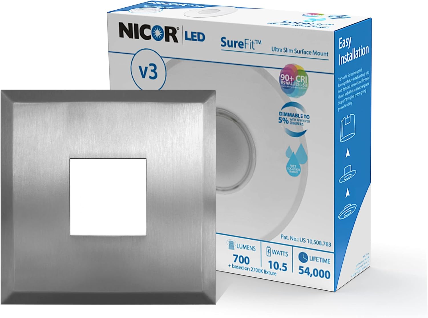 NICOR Lighting SureFit(v3) LED Flush Mount Ceiling Light, 3000K with Square Nickel Trim (DLF301203KSQNK)