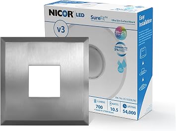 NICOR Lighting SureFit V3 LED Ceiling Light with Square Nickel Trim 3000K, 700 Lumens Bedroom Lights for Ceiling Dimmable, Ultra-Slim Flush Mount Fits 4 J-Boxes Wet-Location Rated