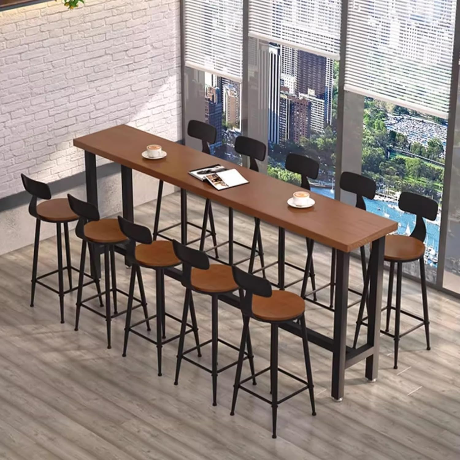 Narrow Rectangular Solid Wood Bar Table, Industrial Counter Height Dining Table with Metal Base, Long Breakfast Bistro Table for Kitchen & Outdoor Use, No StoolsIncluded