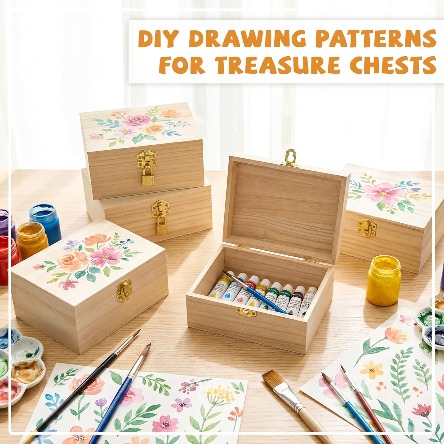 12 Set 24 Pcs Unfinished Wood Box with Mini Padlock Locks, Small Treasure Chest with Hinged Lid 6.7x5.1x3.2''' Lockable Wooden Treasure Box for DIY Craft Jewelry Desktop Storage