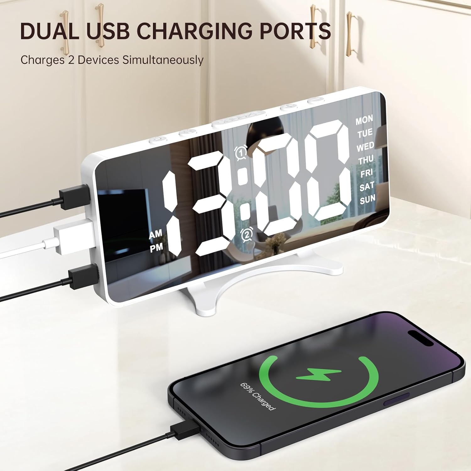 The JXJHOVV Digital Alarm Clock D058 with two smartphones connected to its dual USB charging ports (USB-A and USB-C) on the side.