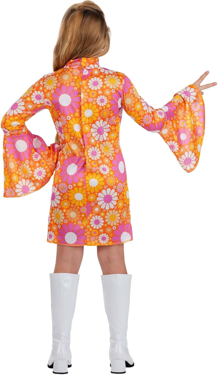Girls Far Out Flower Dress Costume with Long Bell Sleeves | 60s 70s Hippie Theme Outfit - Image 2
