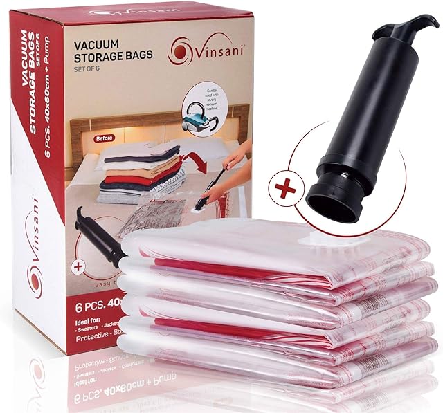 Vinsani 6 Pack Reusable Vacuum Storage Bags with Double-Zip Seal & Triple Seal Turbo-Valve for Max Space Saving, Small 40x60cm + Hand Pump Included