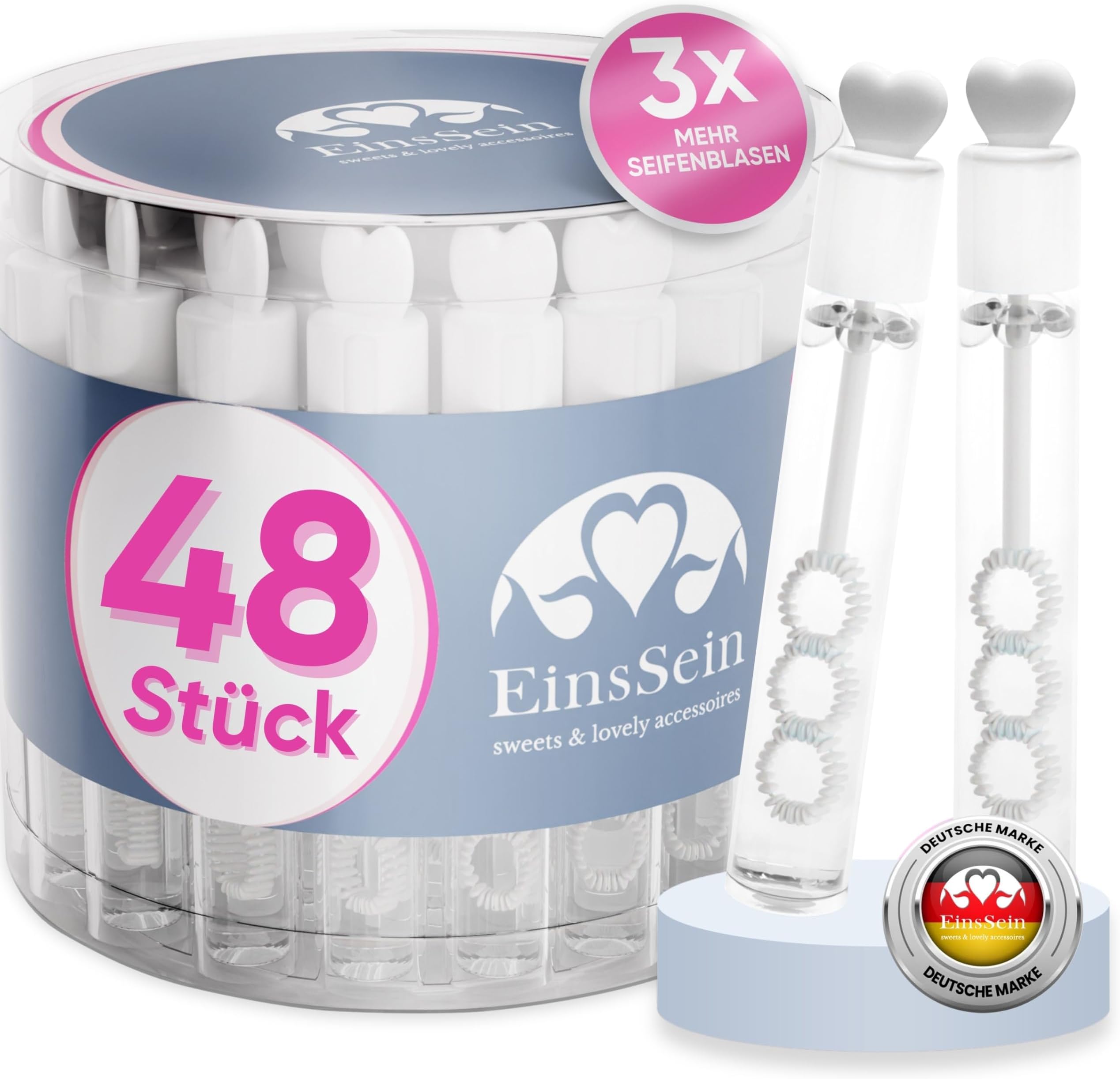 EinsSein 48x Wedding Bubbles White Love Tubes with 3D Heart Wand – Pre-Filled Mini Soap Bubble Bottles Party Favors for Wedding Guests Kids Baptism Birthday