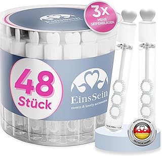 EinsSein Seifenblasen Hochzeit Lovegläschen Set weiß 48 Stück | Gastgeschenke für Hochzeit Taufe Geburtstag Verlobung | Keine Flecken auf Kleidung | Mini Hochzeitsseifenblasen Herz Herzgriff
