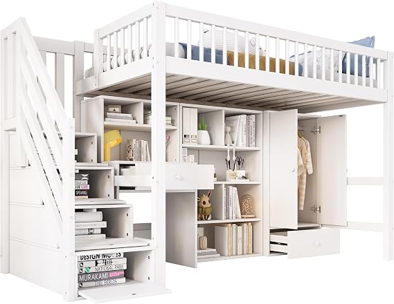 Multifunctional Single Bed Frame, 90x190cm Single Bed with Desk & Stairs, Wardrobe & Lockers, White Storage Bed (No Mattress Included)