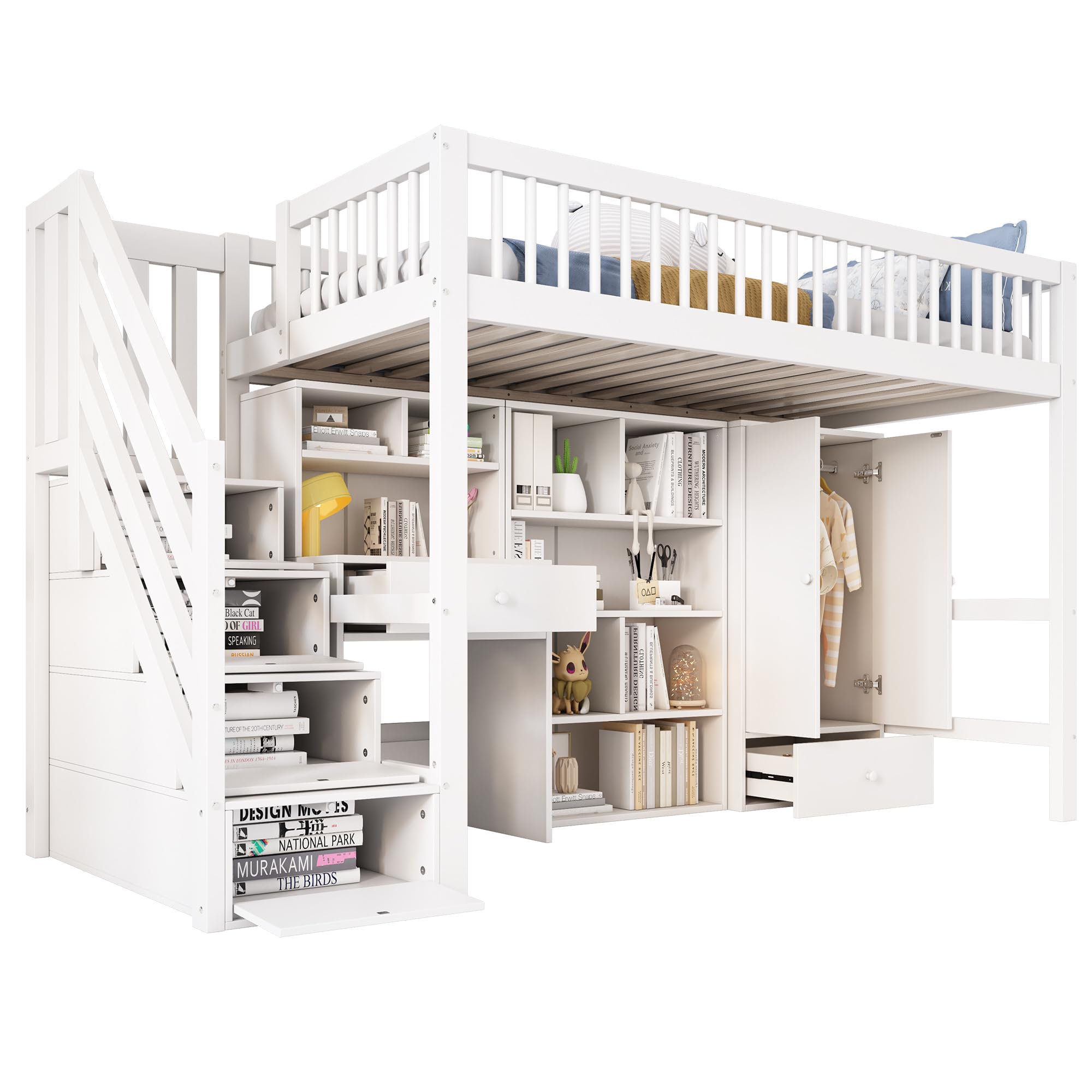 Merax Kinderbett Hochbett 90x200cm, mit Treppe Staufach Stauraum,Kleiderschrank,Schreibtisch und Bücherschrank, Etagenbett mit Lattenrost,Rausfallschutz, Ohne Matratze,Weiß/252.5×95×150cm