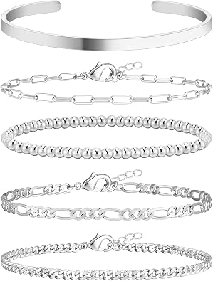 Wowshow Silver Bracelets for Women Bracelet Stack Set 14K Real Gold Plated Link Charm Bracelet Dainty Link Chain Stackable Charm Bracelets Adjustable Bangle Cuff Bracelet Pack Jewelry Gifts for Women 6.8 Inch
