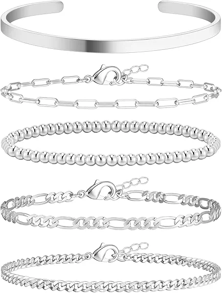 Wowshow Silver Bracelets for Women Bracelet Stack Set 14K Real Gold Plated Link Charm Bracelet Dainty Link Chain Stackable Charm Bracelets Adjustable Bangle Cuff Bracelet Pack Jewelry Gifts for Women 6.8 Inch