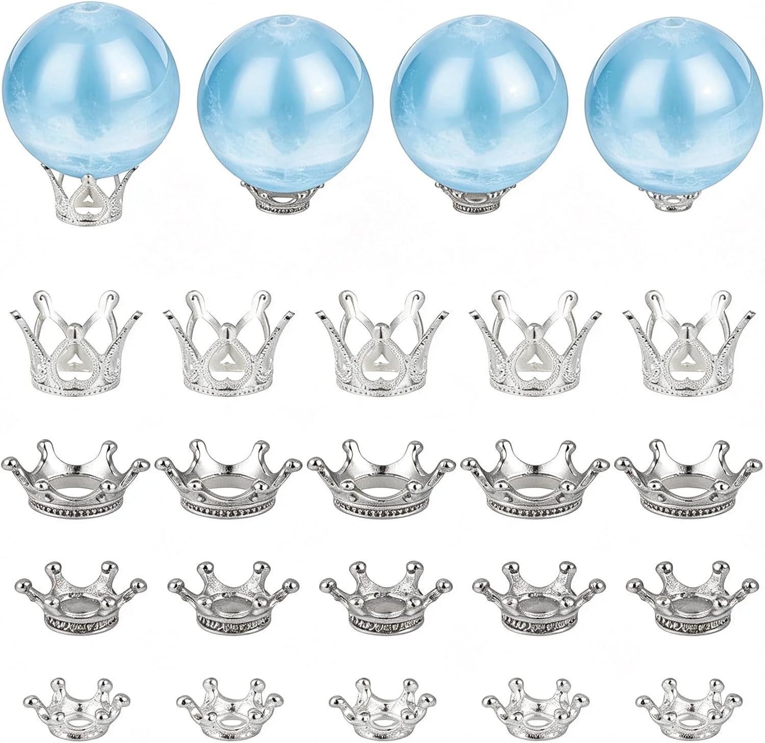 20pcs 4 Sizes Metal Silver Crystal Ball Stands Mini Crown Lensball Base Silver Crown Sphere Stand Display Holder for 20/30/40/50/60/70/80/100mm Lensballs, Tennis, Marbles, Collections