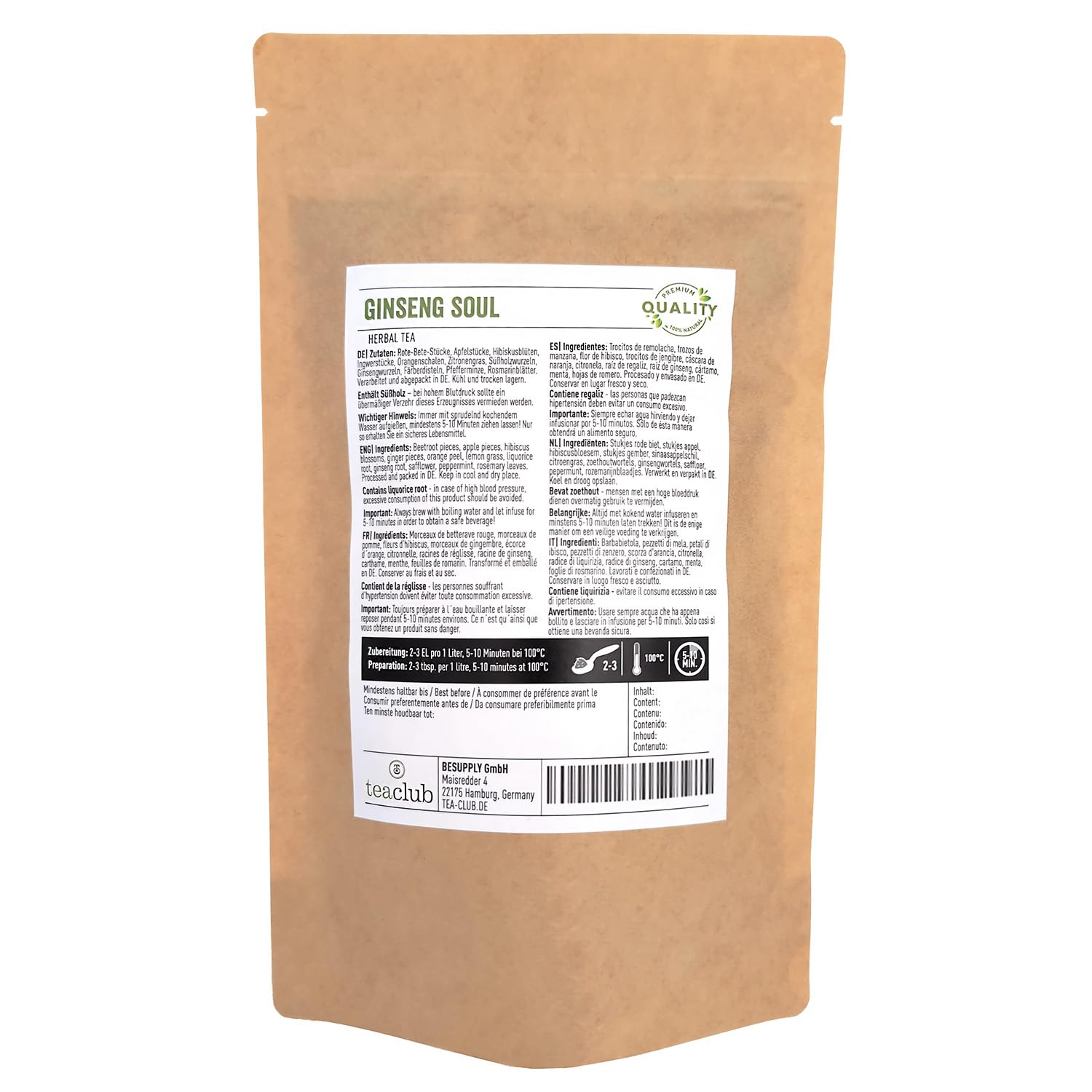 Herbata ziołowa luźna 500 g, owocowa mieszanka herbaty ziołowej z żeń-szeniem, imbirem, trawą cytrynową, burakami, korzeń lukrecji, TeaClub żeń-szeń Soul herbata ziołowa
