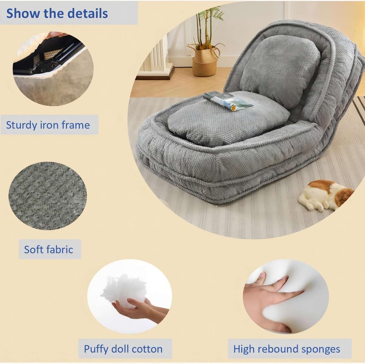 Human Dog Bed, 5 Adjustable Position Human Sized Dog Bed, 69.29''L x 34.65''W x 33.07''H Giant Dog Bed for Adults and Pets with Sturdy Iron Frame, 2 Soft Cushions & Puffy Doll Cotton, Grey