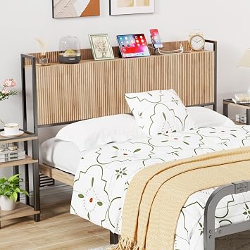 Queen Size Fluted Headboard Only with Outlets, Wall Mount Wood Fluted Head Board with Storage, Height Adjustable, Storage Rack, Sturdy and Stable, Easy AssemblyOak, Queen