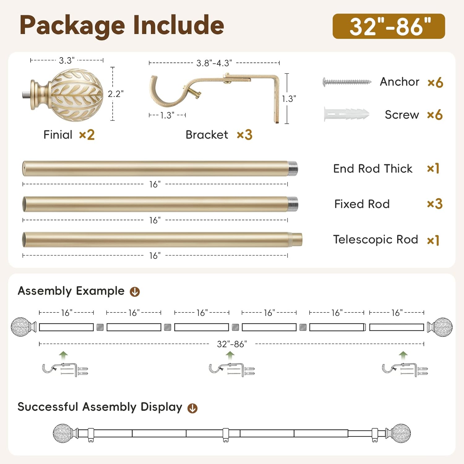 Wood Curtain Rods for Windows 48 to 84, 1 Inch Heavy Duty Boho Drapery Rods with Imitation Wood Grain olive leaf motif Finials, Rustic Decorative Curtain Pole set, 32"-86", Champagne Gold