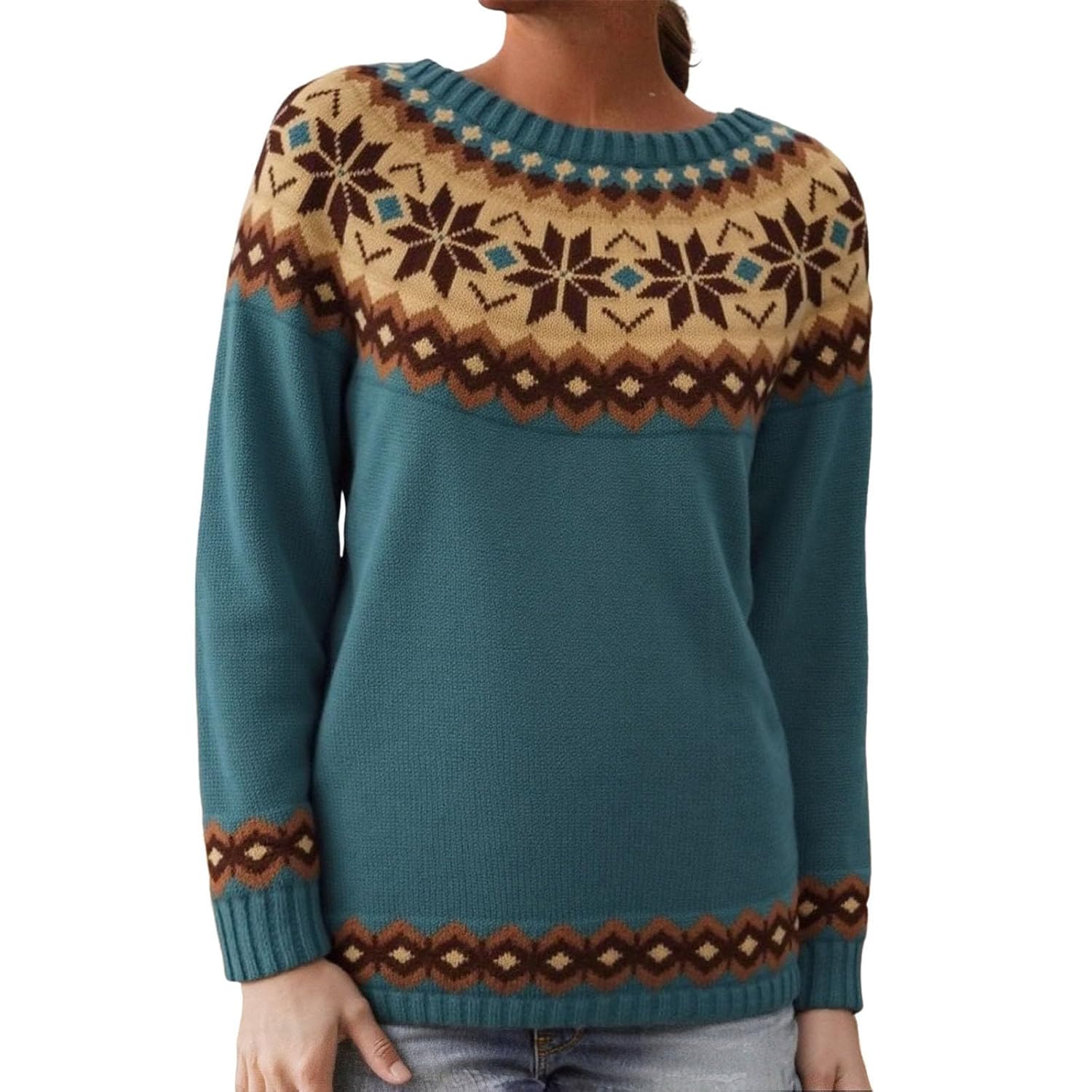 Fair Isle Sweater Women Plus Size Vintage Long Sleeve Crewneck Sweater Casual Loose Knit Pullover Tops Seniors Jumper