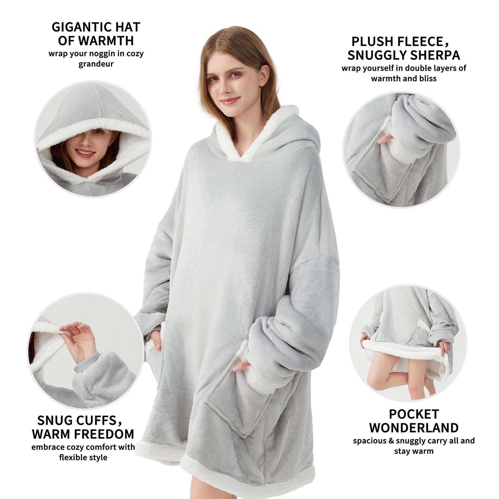 TOUVE Sweat à Capuche Surdimensionné Épaississant, Sweat Plaid Polaire Chaude Sherpa Couverture avec Manches Et Poche, Pull Plaid Homme Femme Adapté aux Adultes, Hommes, Femmes, Adolescents