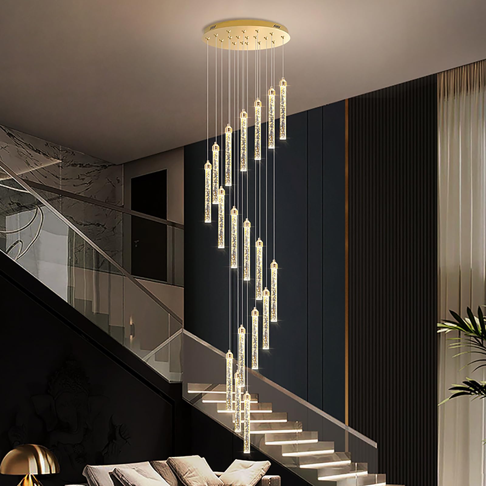 PCXEHUYP 18 Lights Crystal Chandelier - 108W Dimmable Remote Ceiling Fixture for High Ceilings, Adjustable 118in Height, Perfect Villa Staircase & Foyer Lighting