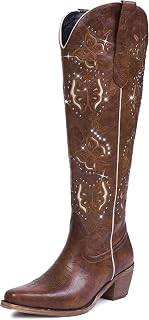 Western Knee High Boots for Women-Snip Toe,Chunky Heel,Wide Calf
