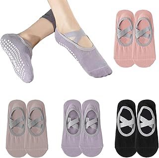 4 Pares Calcetines Antideslizantes de Yoga y Pilates para Mujer, Ejercicio Interior, Ballet, Fitness (Rosa, Morado, Negro, Caqui)
