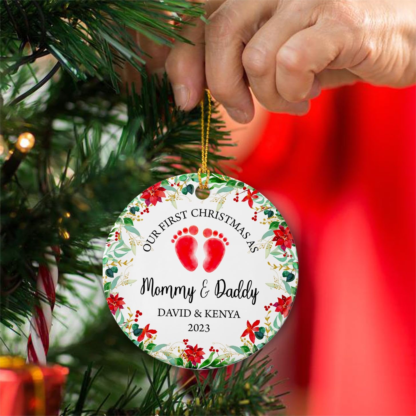 Our First Christmas As A Family Of Three Ornament 2026, Personalized Family Of 3 Christmas Ornaments Gifts For Baby New Parents, Photo Family Ornament Xmas Tree, Keepsakes Decor Custom Names