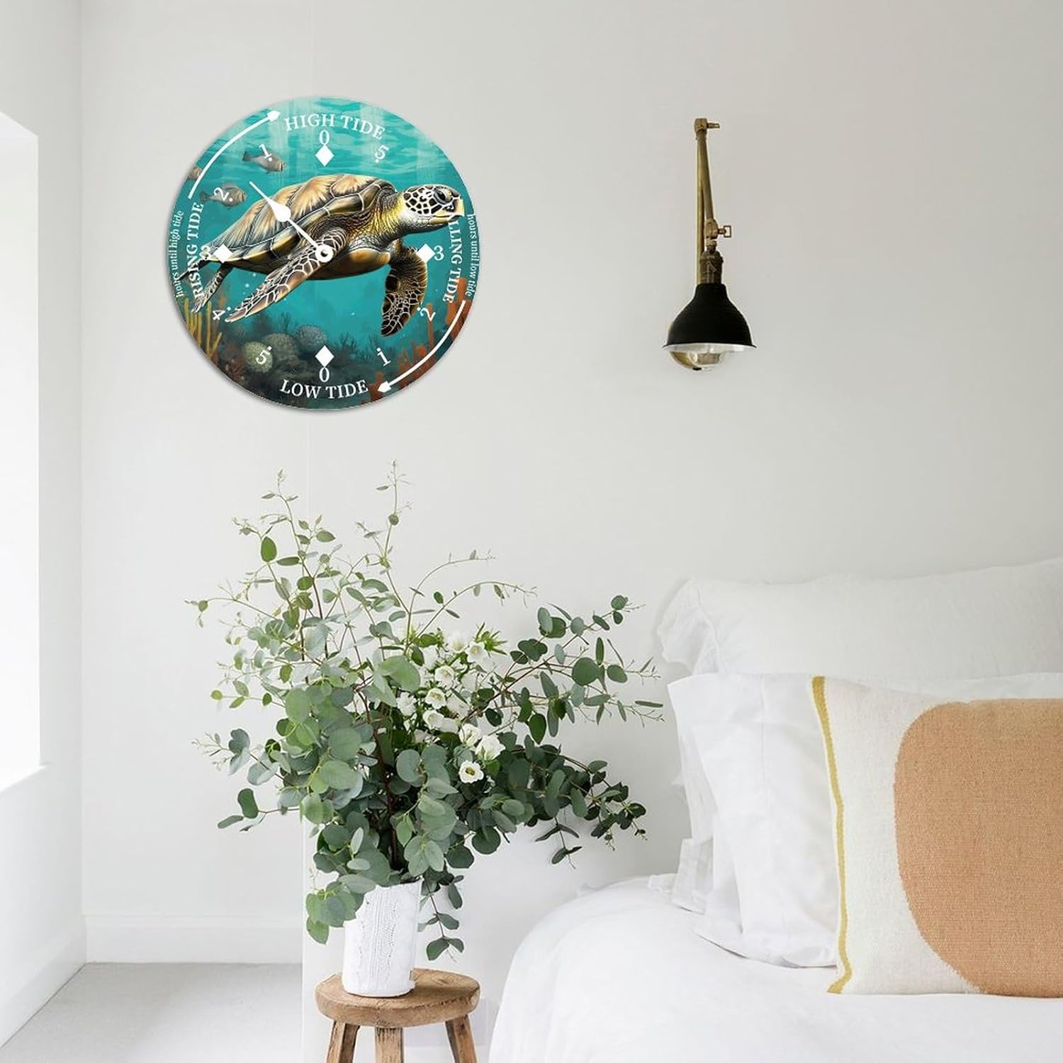 Rustic Wood Tide Clock Sea Turtle Tidal Clock Moon Clock Silent Non-Ticking Battery Operated Wooden Wall Clock for Living Room Bedroom Cottage Beach Boat Home Decor 15 Inch