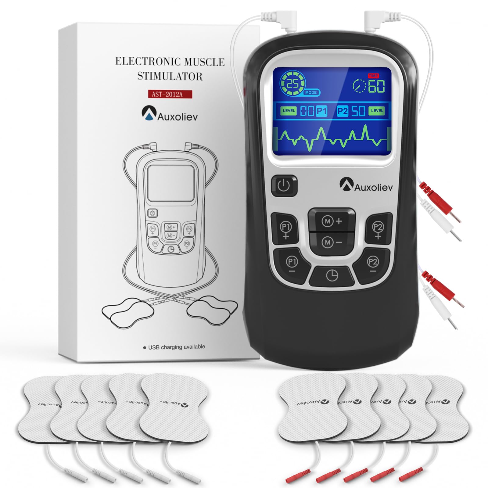 AUXOLIEV Electroestimulador Muscular 3 EN 1 | TENS/EMS de Masaje Terapia Maquina | 25 Modos + 50 Niveles de Intensidad | 2 Canales + 10 Electrodos | para El Alivio Del Dolor y Entrenamiento | Negro