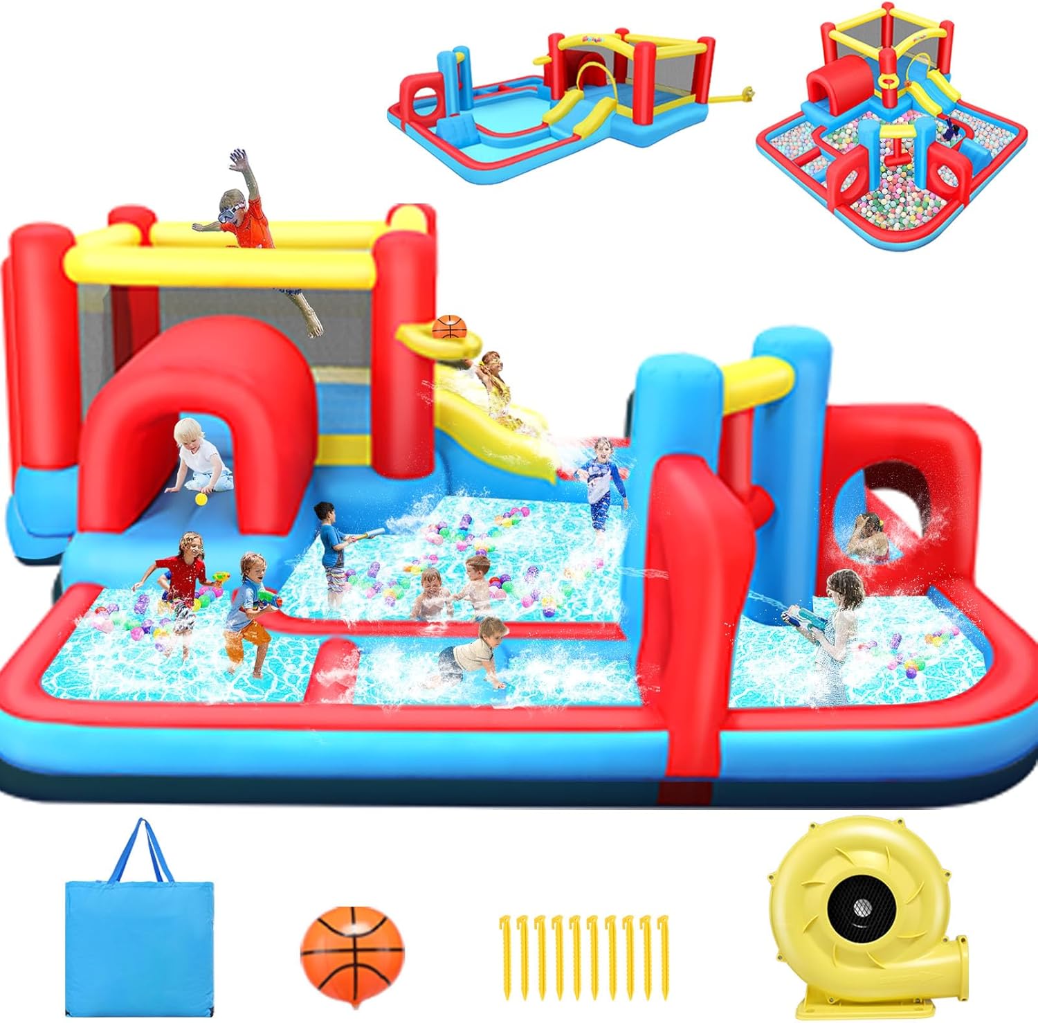Whubefy Bounce House Water Slide Obstacle Course, 8 in 1 Waterslide Bounce House for Kids 14.3x14.3 FT Multi Jumping House with Jump Area, Obstacle Course, Tunnel, Indoor Garage,& Outdoor use